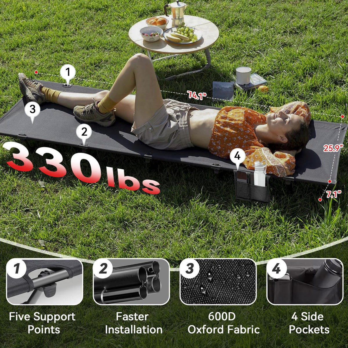 Ultralight Portable Folding Camping Cot with 2 Side Pocket Y7236